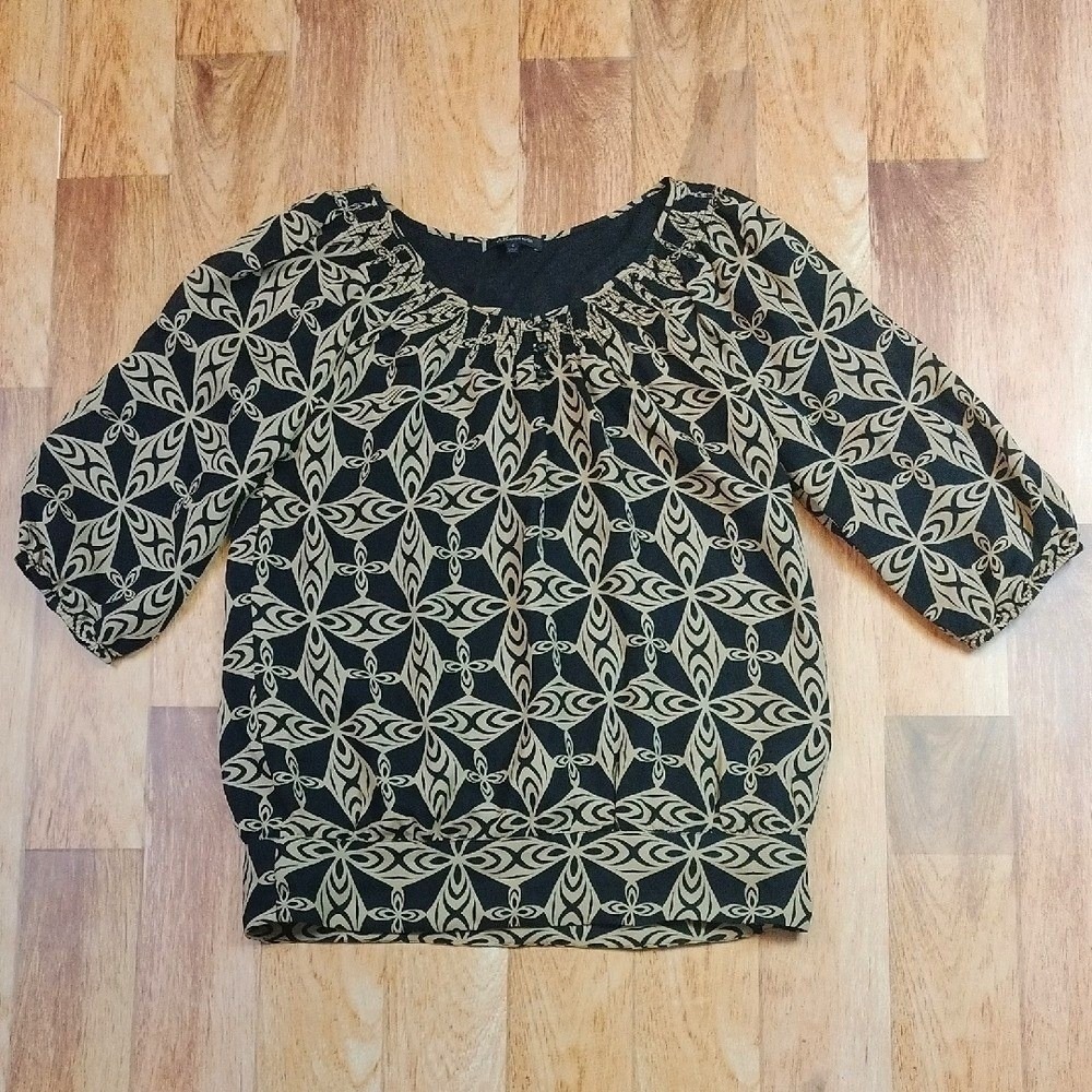 Anne‎ Klein 100% Silk Geometric Bubble Hem Blouse Womens Small Black 3/4 Sleeve